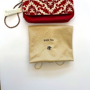 Leslie Hsu Dark Red Tapestry Satin Rhinestone Clutch with Metal Wristlet Bag VTG